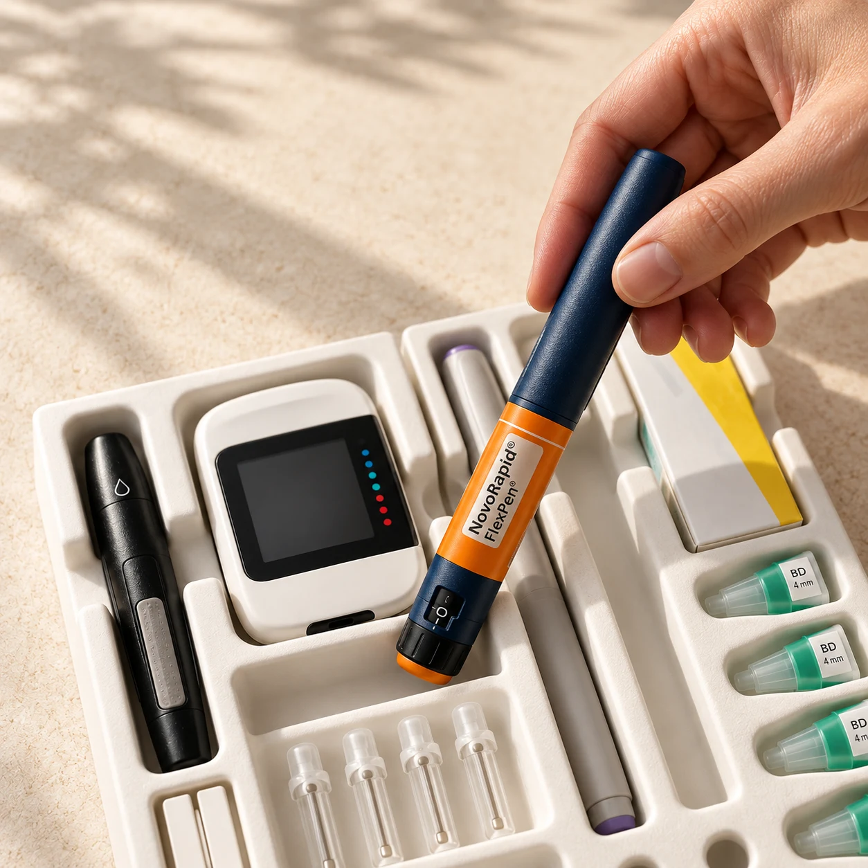 A hand lifting a capped pen from an organized ivory tray