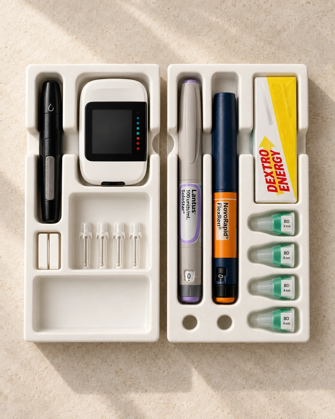 Concept scene of two ivory trays with organized pens, a glucose meter, needles and glucose tablets